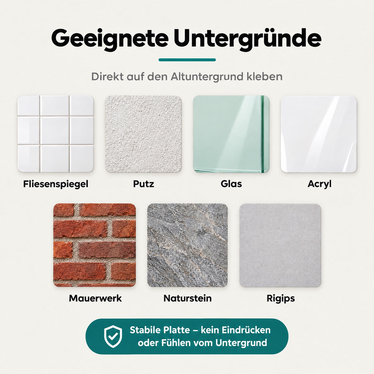 Geeignete Untergründe für die Duschrückwand: Fliesenspiegel, Putz, Glas, Acryl, Mauerwerk, Naturstein und Rigips