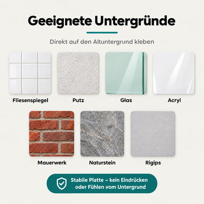 Geeignete Untergründe für die Duschrückwand: Fliesenspiegel, Putz, Glas, Acryl, Mauerwerk, Naturstein und Rigips