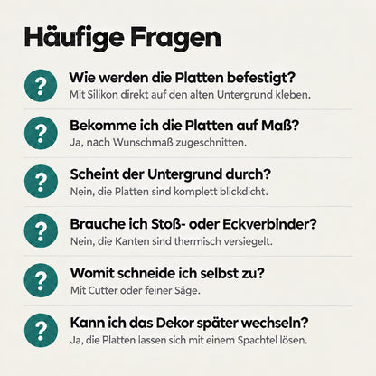 Häufige Fragen zur Duschrückwand: Befestigung mit Silikon, Zuschnitt nach Wunschmaß, blickdicht, keine Stoß- oder Eckverbinder nötig