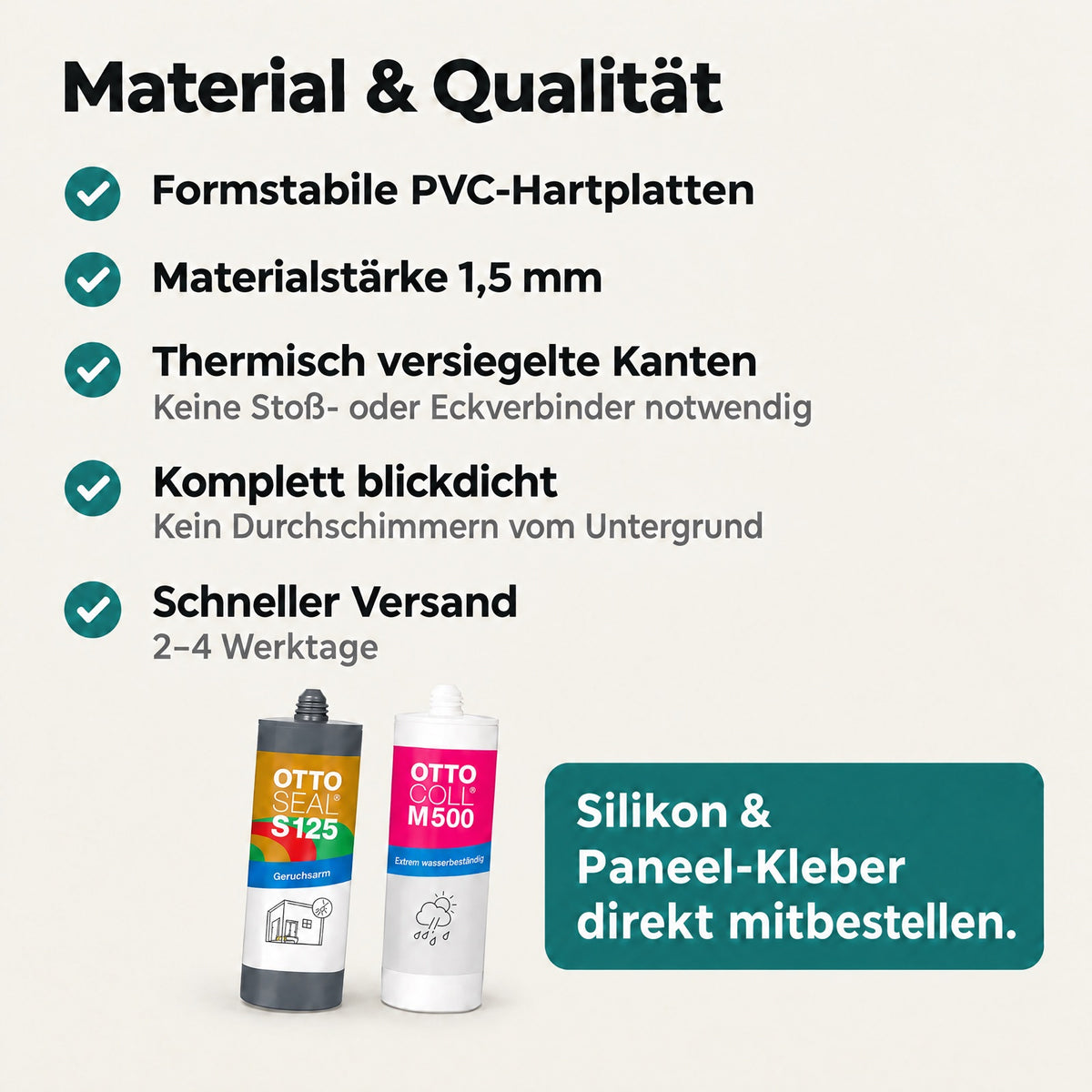 Formstabile PVC-Hartplatte, 1,5 mm stark, mit thermisch versiegelten Kanten, komplett blickdicht, Versand in 2–4 Werktagen