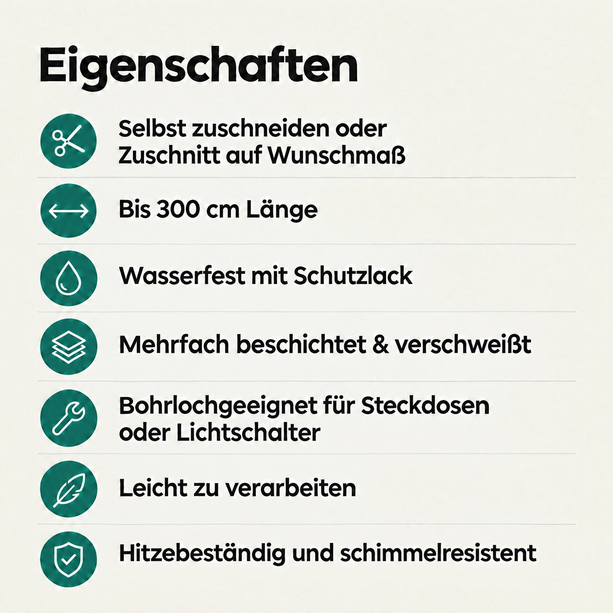 Eigenschaften der Küchenrückwand in Weiß und Hellgrau: Zuschnitt auf Wunschmaß, bis 300 cm Länge, wasserfest, bohrlochgeeignet für Steckdosen, hitzebeständig und schimmelresistent