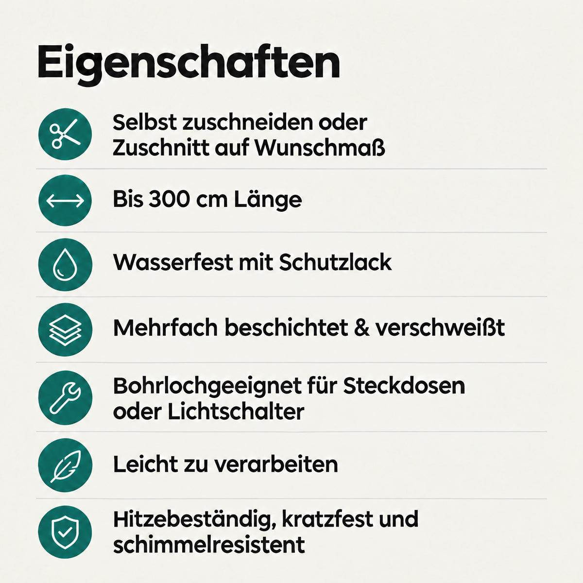 Eigenschaften der Küchenrückwand: Zuschnitt auf Wunschmaß, bis 300 cm Länge, wasserfest, bohrlochgeeignet für Steckdosen, hitzebeständig, kratzfest und schimmelresistent